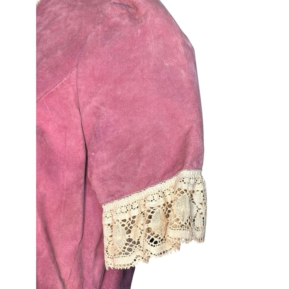 Vintage Pink Suede Lace Trim Western Prairie Blouse Peplum Romantic Leather Top - Picture 3 of 10